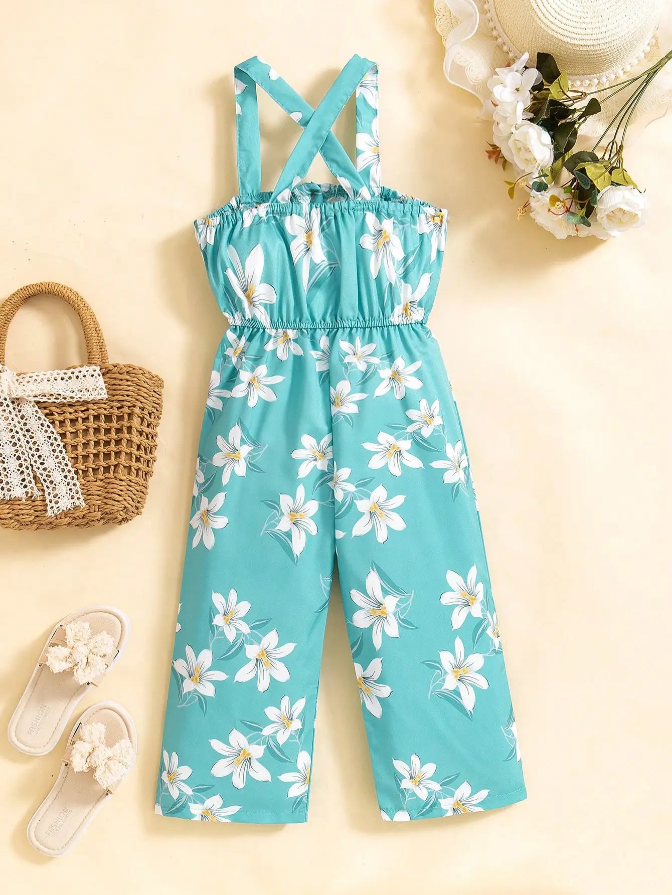 (6097) Little Girl's Romantic Vacation Woven Floral Print Suspender Jumpsuit with Buttoned Waist and Wide-Leg Design for Summer Season and Seaside Vacation