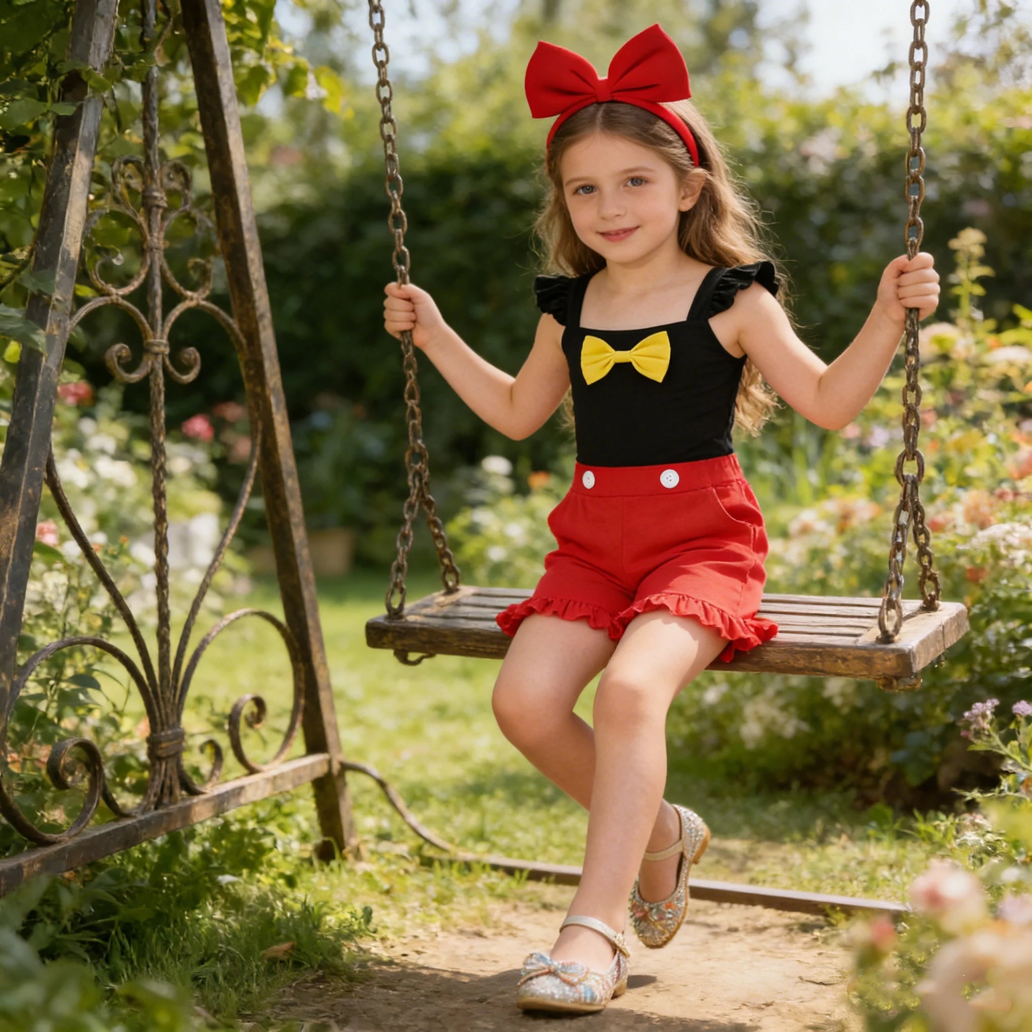 Girls' Little Flying Sleeve Ruffle Edge Jumpsuit With Yellow Bow And White Button Embellishment Children Retro Playful Jumpsuits