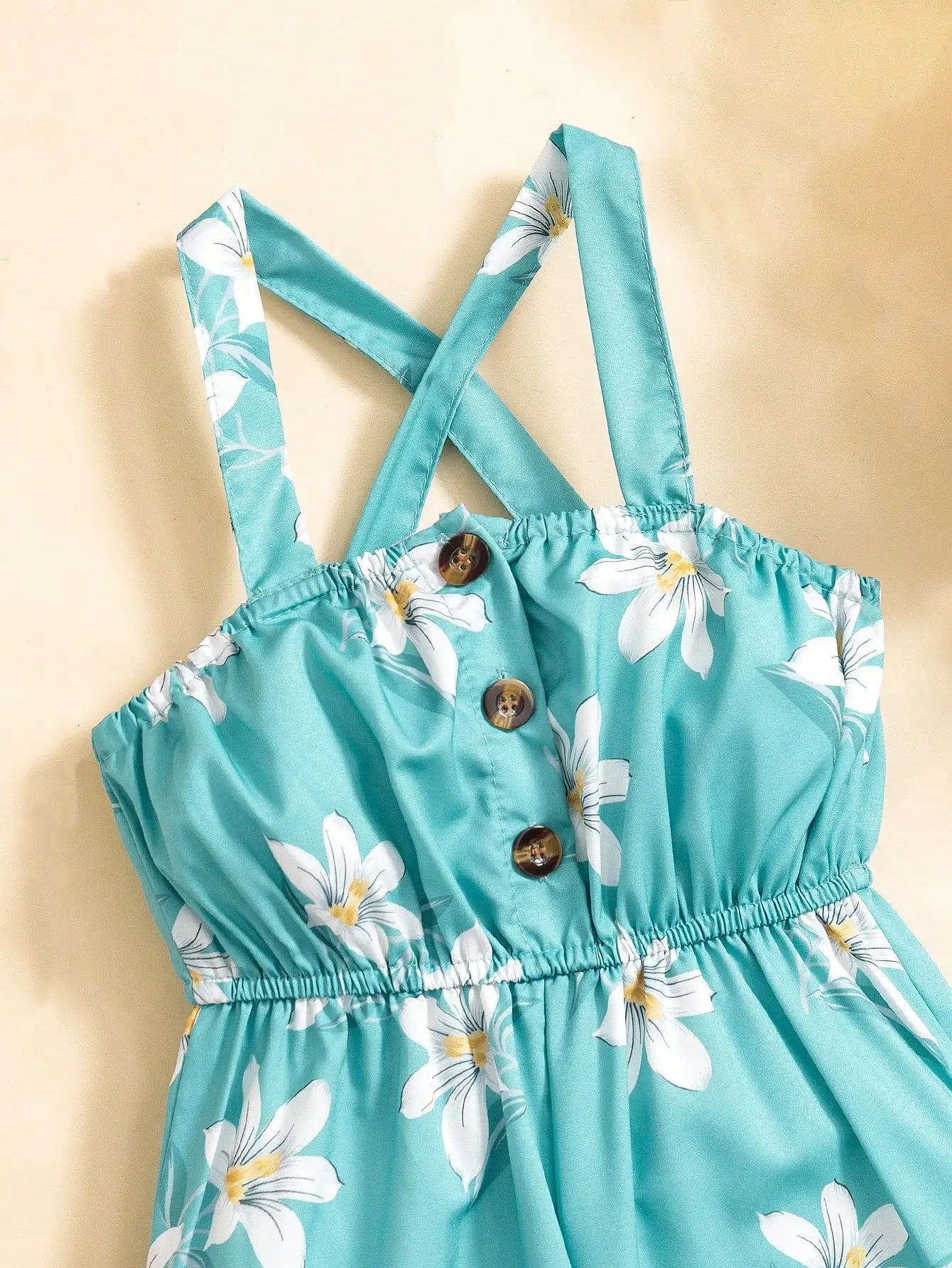 (6097) Little Girl's Romantic Vacation Woven Floral Print Suspender Jumpsuit with Buttoned Waist and Wide-Leg Design for Summer Season and Seaside Vacation