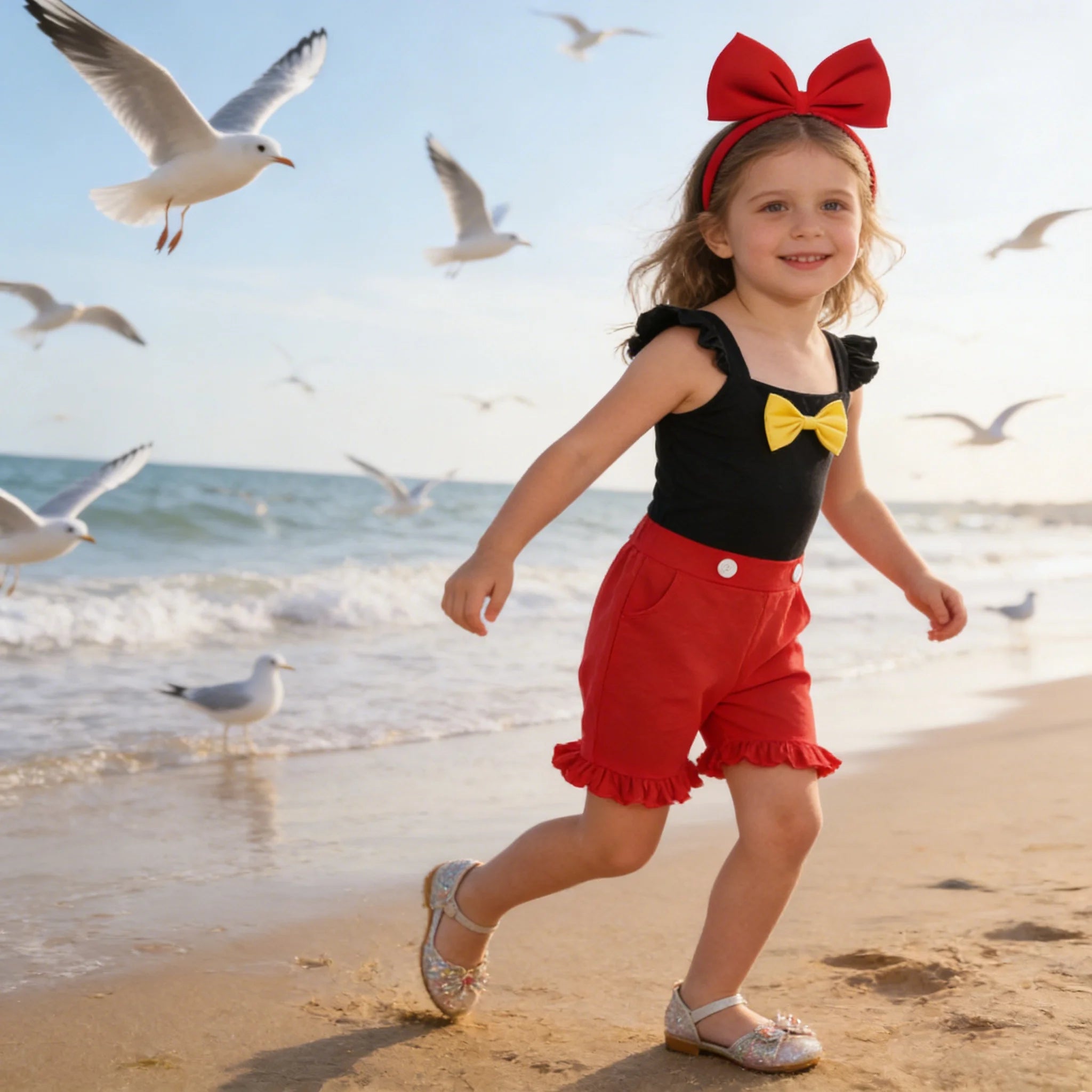 Girls' Little Flying Sleeve Ruffle Edge Jumpsuit With Yellow Bow And White Button Embellishment Children Retro Playful Jumpsuits