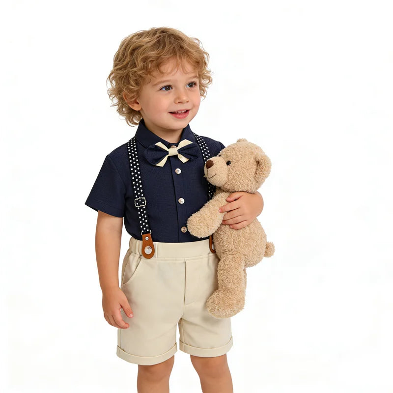Kids Boys Summer Formal Costume Navy Waffle Shirt Bowtie Polka Dot Suspender Shorts Baby Wedding Birthday Gentleman Clothes Set