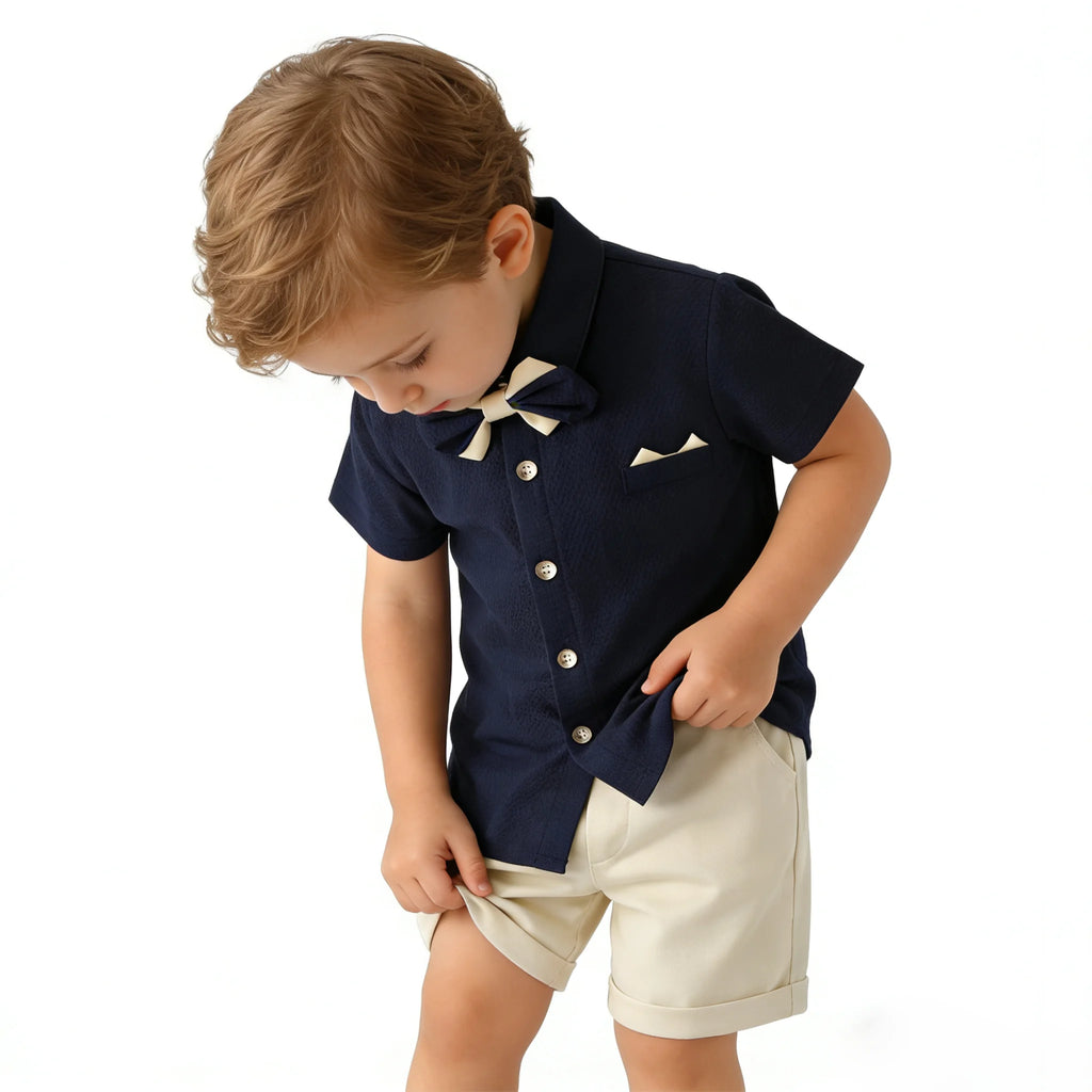 Kids Boys Summer Formal Costume Navy Waffle Shirt Bowtie Polka Dot Suspender Shorts Baby Wedding Birthday Gentleman Clothes Set