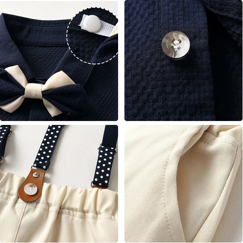 Kids Boys Summer Formal Costume Navy Waffle Shirt Bowtie Polka Dot Suspender Shorts Baby Wedding Birthday Gentleman Clothes Set