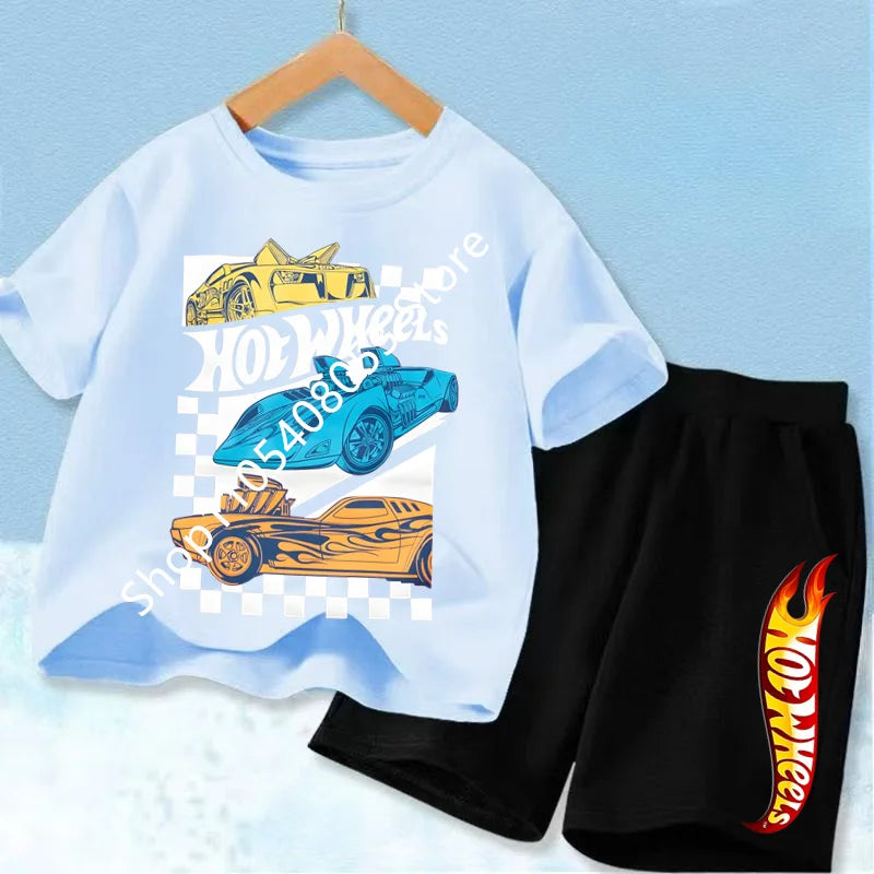 Hot Wheelss Kid T-Shirt Set Multiple Size Digital Print Cartoon Car Truck Racing Cotton Blend Summer Short Sleeve Boy Girl Speed