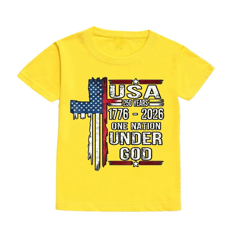 Vintage American Flag Cross USA 250 Years 1776 2026 Letter Print Kids Red T Shirt Patriotic Short Sleeve Casual Top