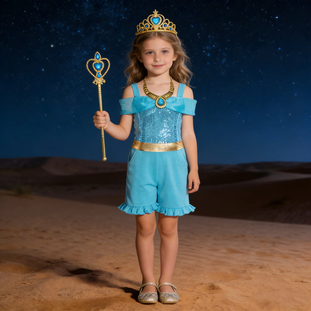 Girls' Summer High Waisted Jumpsuit Shorts Jasmine Princess Lake Blue Sequin Off Shoulder Top Kids Casual Performance Outfit