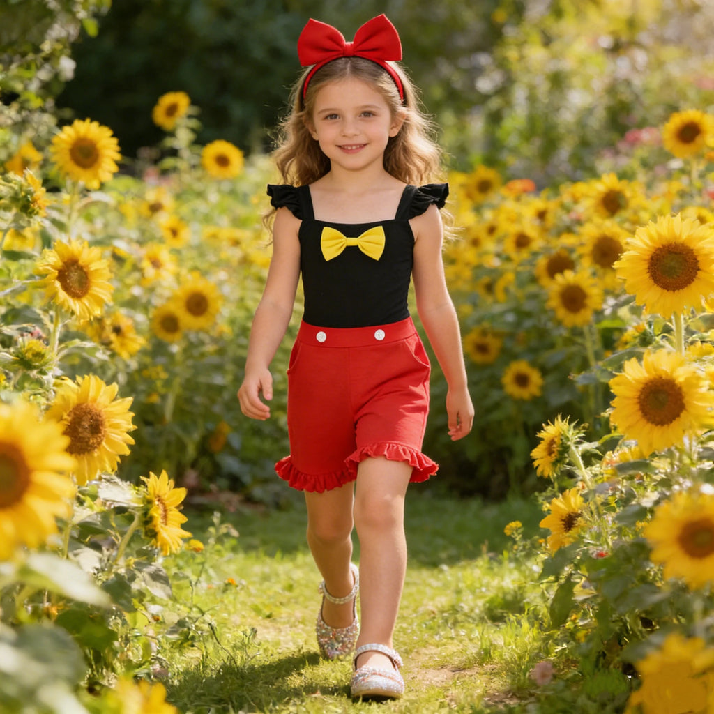 Girls' Little Flying Sleeve Ruffle Edge Jumpsuit With Yellow Bow And White Button Embellishment Children Retro Playful Jumpsuits