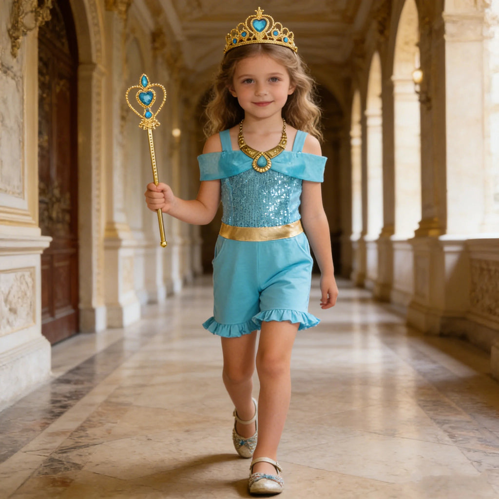 Girls' Summer High Waisted Jumpsuit Shorts Jasmine Princess Lake Blue Sequin Off Shoulder Top Kids Casual Performance Outfit