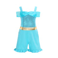 Girls' Summer High Waisted Jumpsuit Shorts Jasmine Princess Lake Blue Sequin Off Shoulder Top Kids Casual Performance Outfit