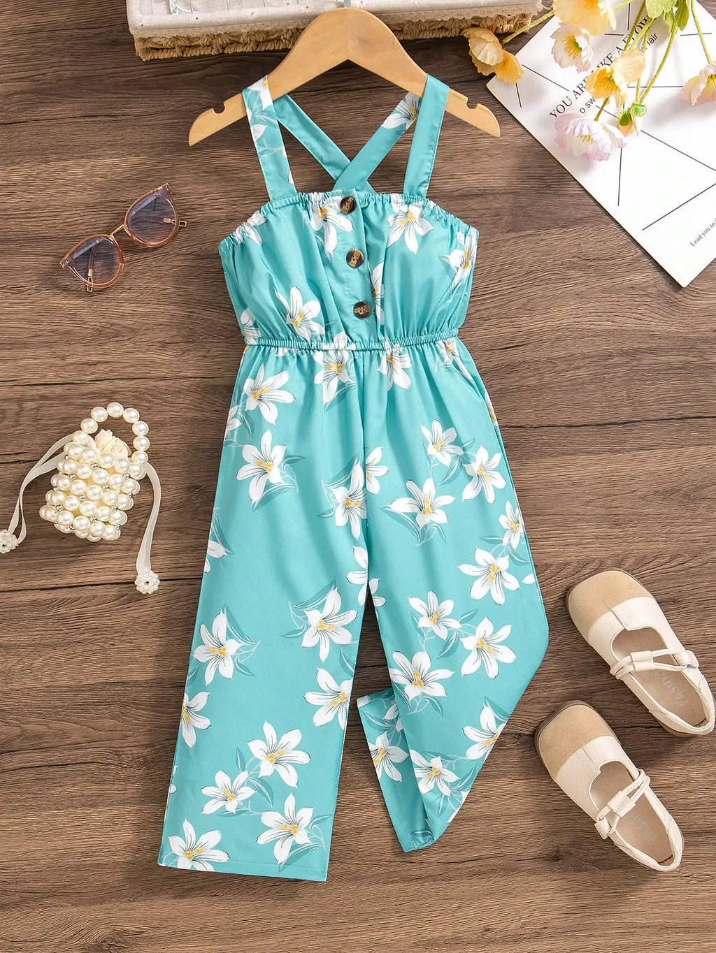 (6097) Little Girl's Romantic Vacation Woven Floral Print Suspender Jumpsuit with Buttoned Waist and Wide-Leg Design for Summer Season and Seaside Vacation