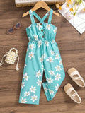 (6097) Little Girl's Romantic Vacation Woven Floral Print Suspender Jumpsuit with Buttoned Waist and Wide-Leg Design for Summer Season and Seaside Vacation