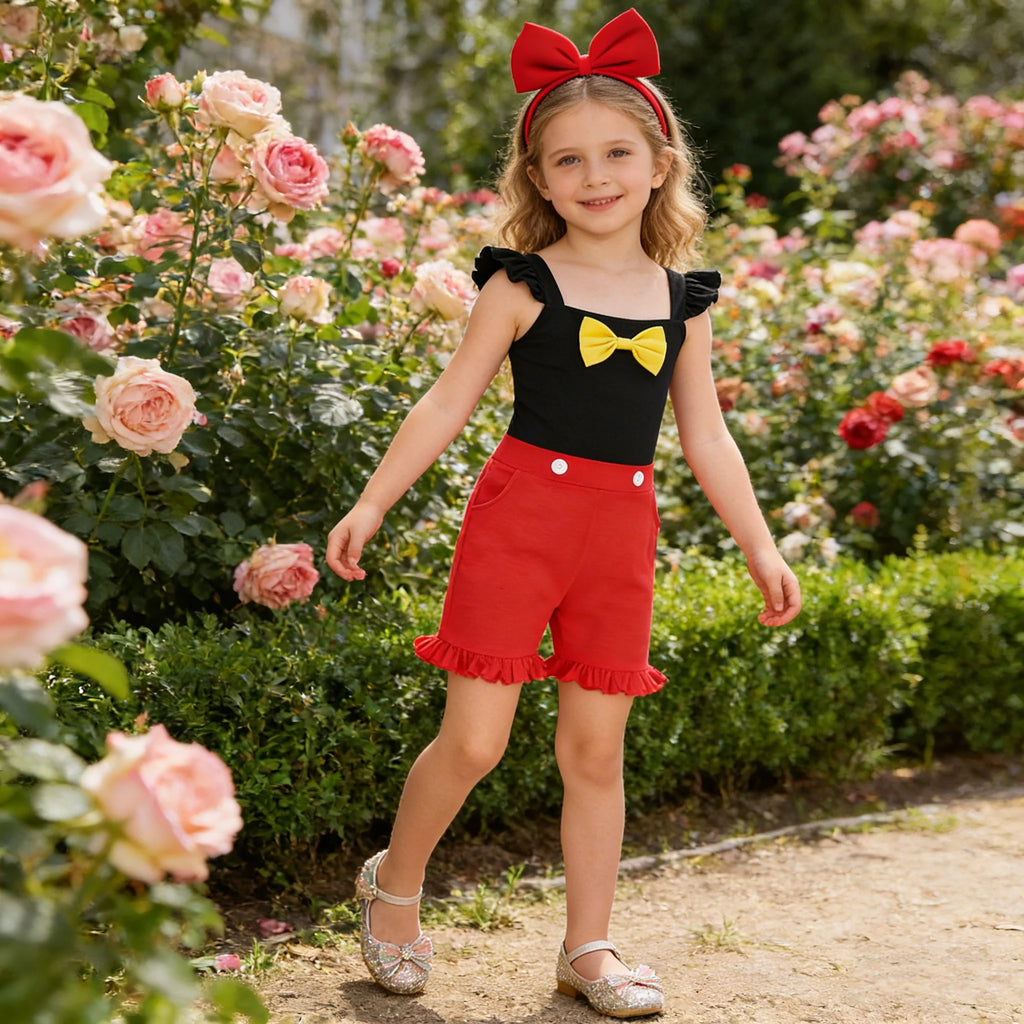 Girls' Little Flying Sleeve Ruffle Edge Jumpsuit With Yellow Bow And White Button Embellishment Children Retro Playful Jumpsuits