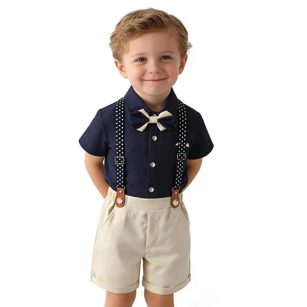 Kids Boys Summer Formal Costume Navy Waffle Shirt Bowtie Polka Dot Suspender Shorts Baby Wedding Birthday Gentleman Clothes Set
