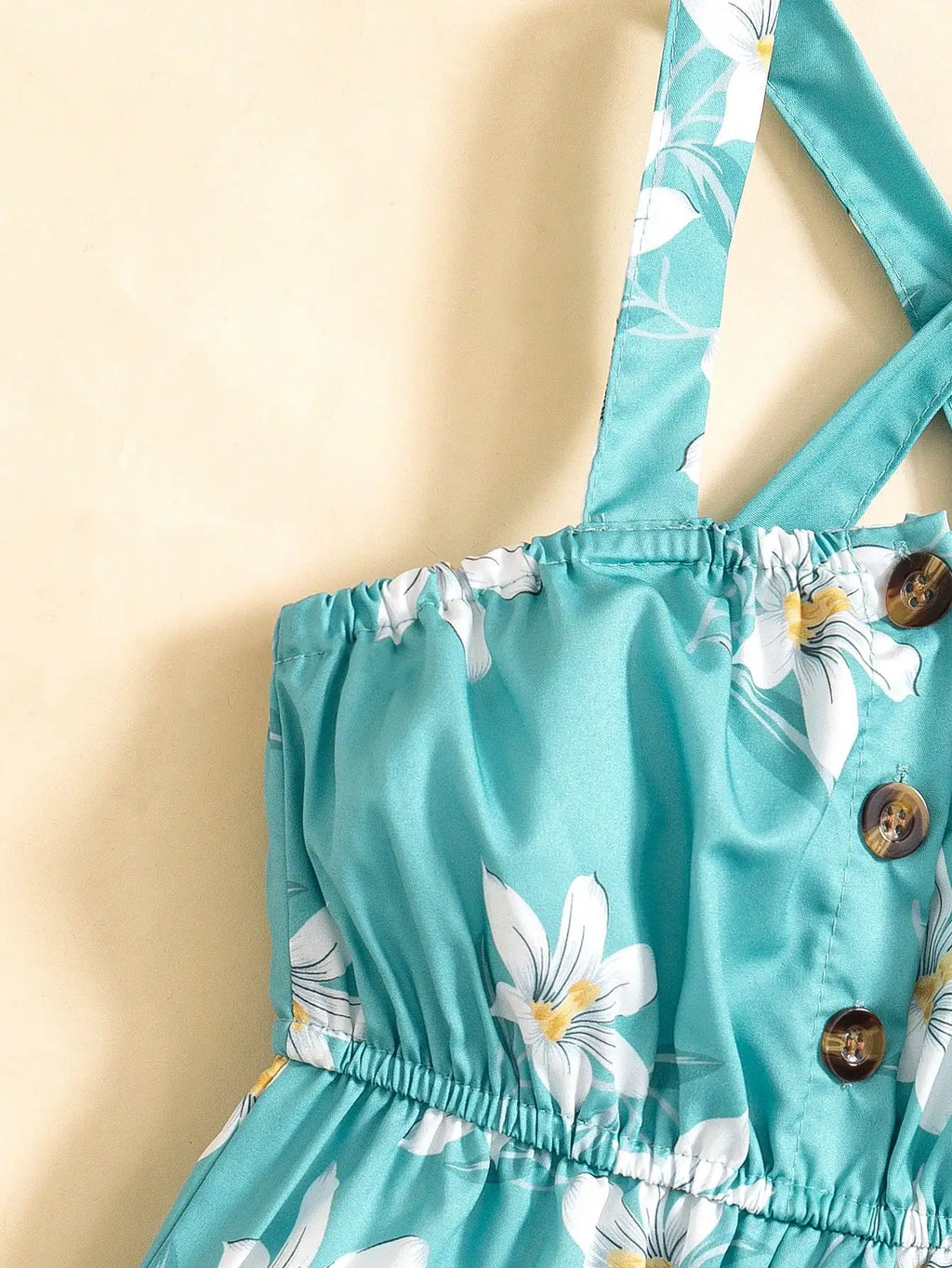 (6097) Little Girl's Romantic Vacation Woven Floral Print Suspender Jumpsuit with Buttoned Waist and Wide-Leg Design for Summer Season and Seaside Vacation