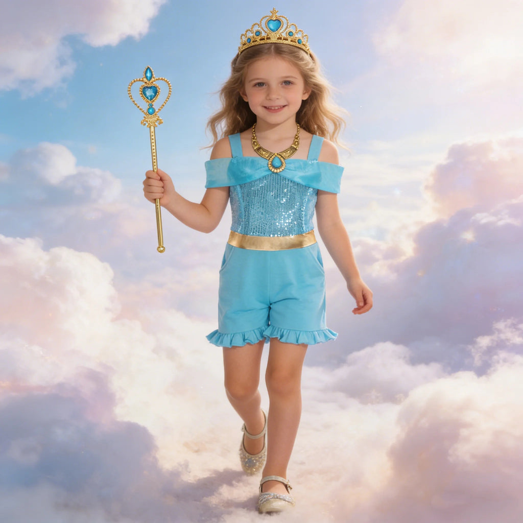 Girls' Summer High Waisted Jumpsuit Shorts Jasmine Princess Lake Blue Sequin Off Shoulder Top Kids Casual Performance Outfit