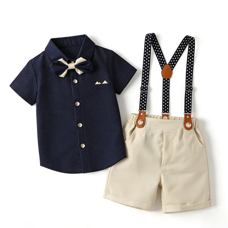 Kids Boys Summer Formal Costume Navy Waffle Shirt Bowtie Polka Dot Suspender Shorts Baby Wedding Birthday Gentleman Clothes Set