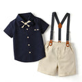 Kids Boys Summer Formal Costume Navy Waffle Shirt Bowtie Polka Dot Suspender Shorts Baby Wedding Birthday Gentleman Clothes Set