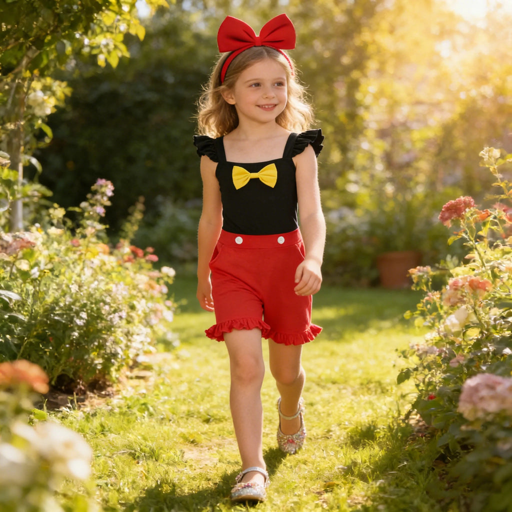 Girls' Little Flying Sleeve Ruffle Edge Jumpsuit With Yellow Bow And White Button Embellishment Children Retro Playful Jumpsuits
