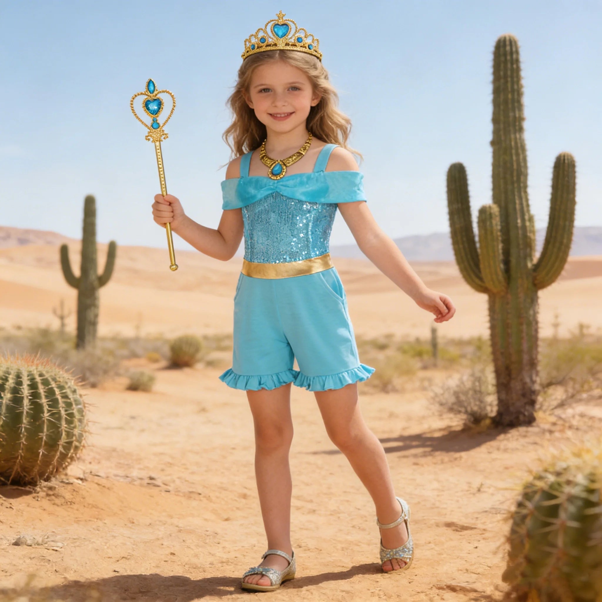 Girls' Summer High Waisted Jumpsuit Shorts Jasmine Princess Lake Blue Sequin Off Shoulder Top Kids Casual Performance Outfit