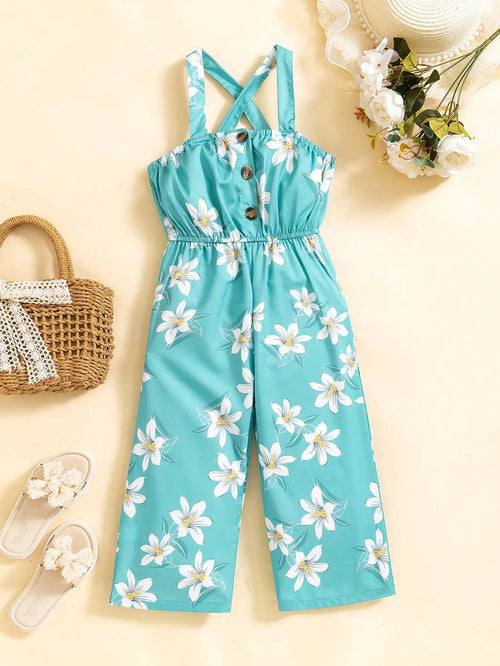 (6097) Little Girl's Romantic Vacation Woven Floral Print Suspender Jumpsuit with Buttoned Waist and Wide-Leg Design for Summer Season and Seaside Vacation
